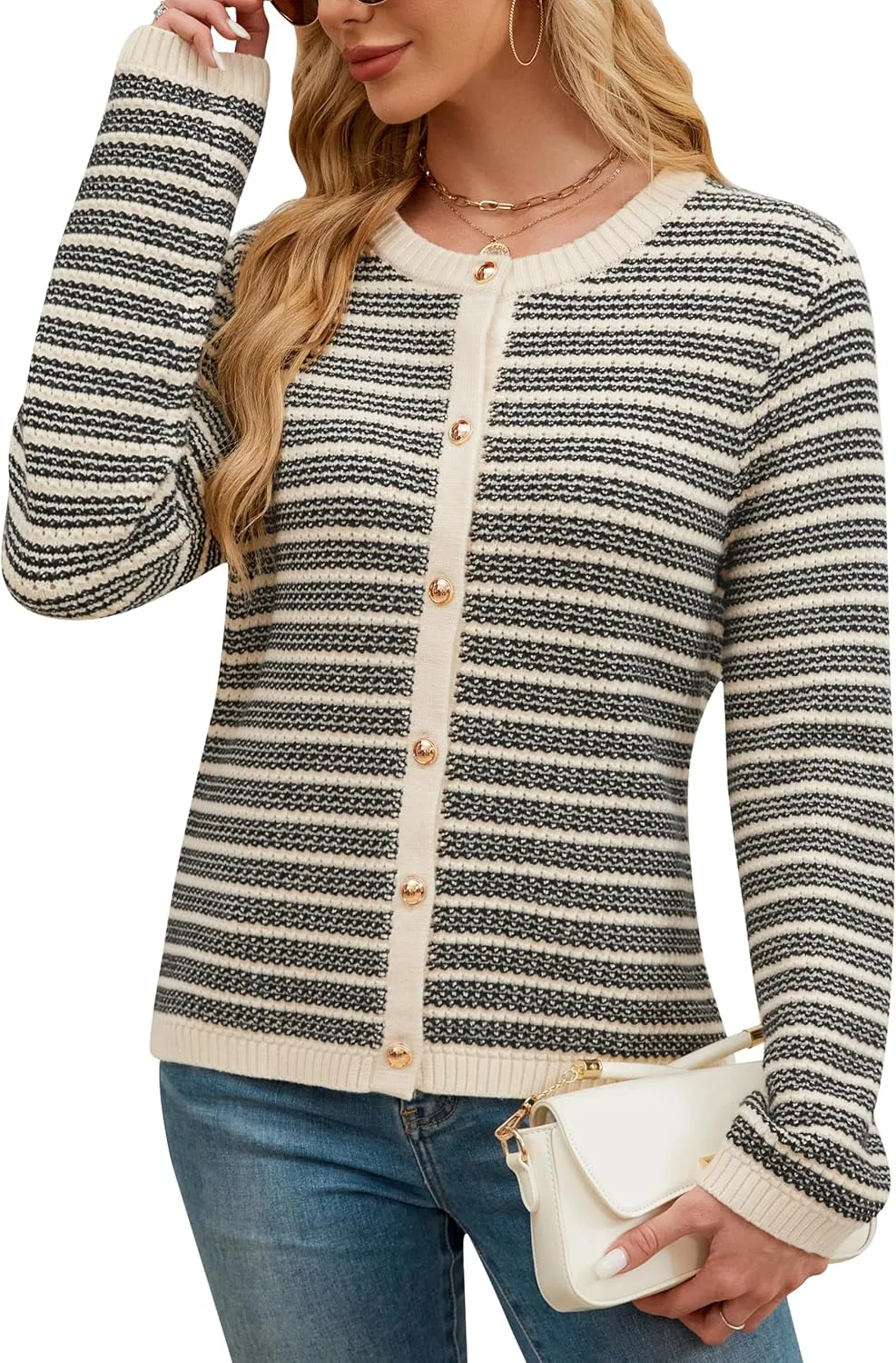 Blooming Jelly Women's Striped Cardigan Sweaters Dressy Casual Chunky Knit Coats 2024 Trendy Fall Outfits
