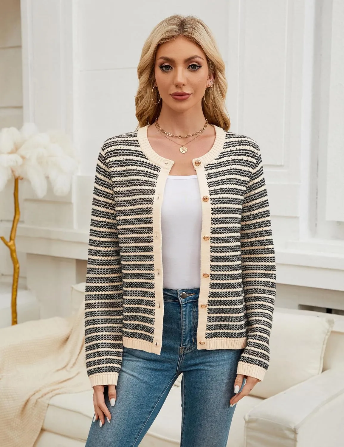 Blooming Jelly Women's Striped Cardigan Sweaters Dressy Casual Chunky Knit Coats 2024 Trendy Fall Outfits