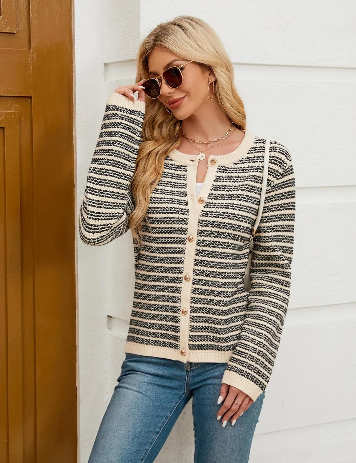 Blooming Jelly Women's Striped Cardigan Sweaters Dressy Casual Chunky Knit Coats 2024 Trendy Fall Outfits