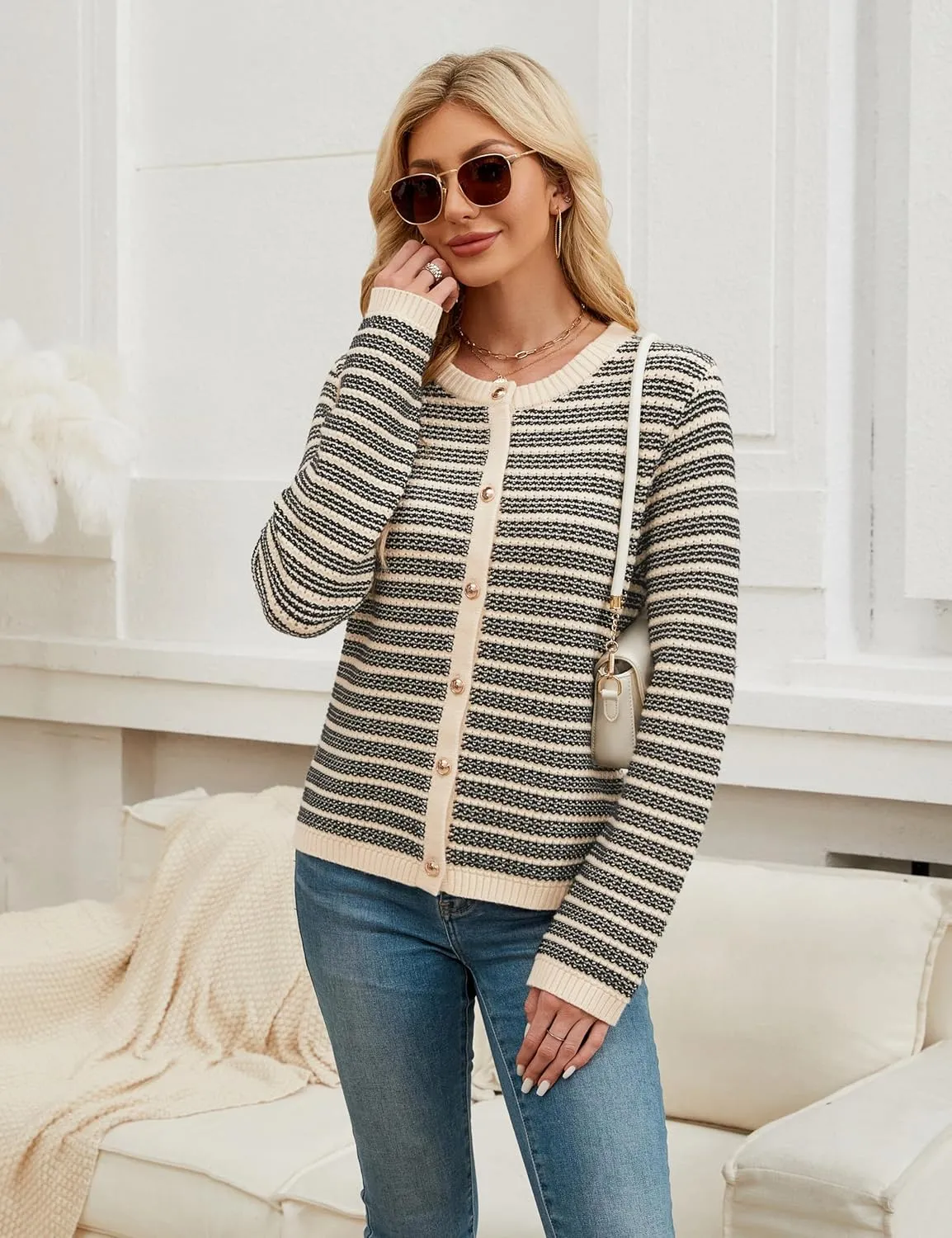 Blooming Jelly Women's Striped Cardigan Sweaters Dressy Casual Chunky Knit Coats 2024 Trendy Fall Outfits