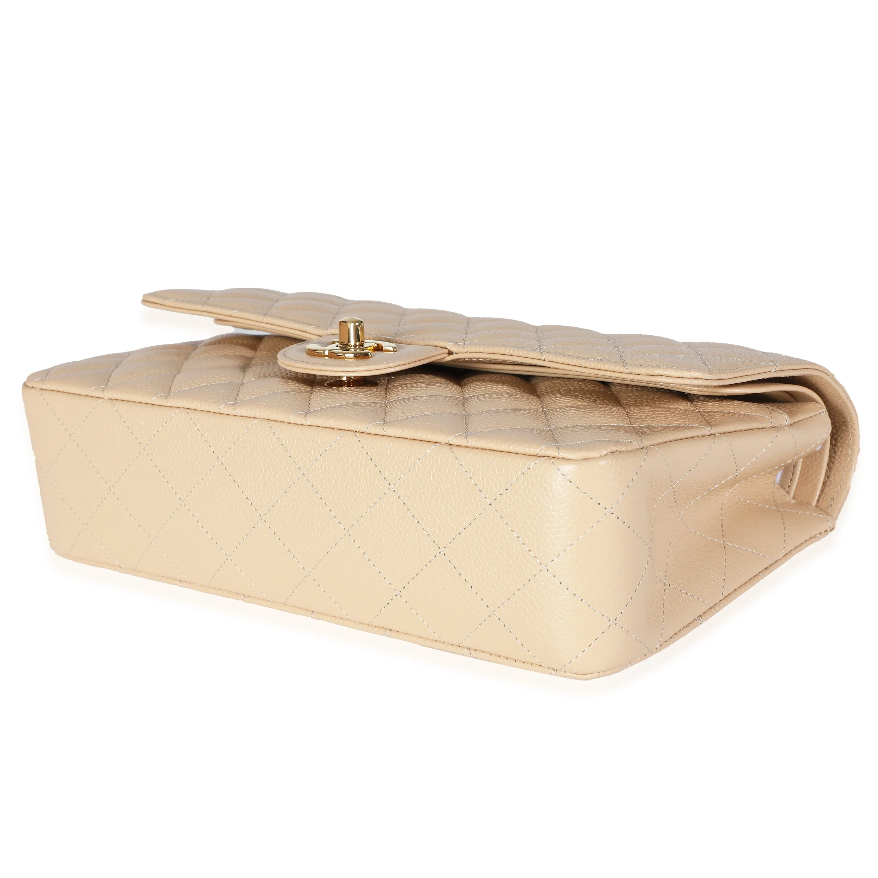 CHANEL Beige Quilted Caviar Medium Classic Double Flap Bag