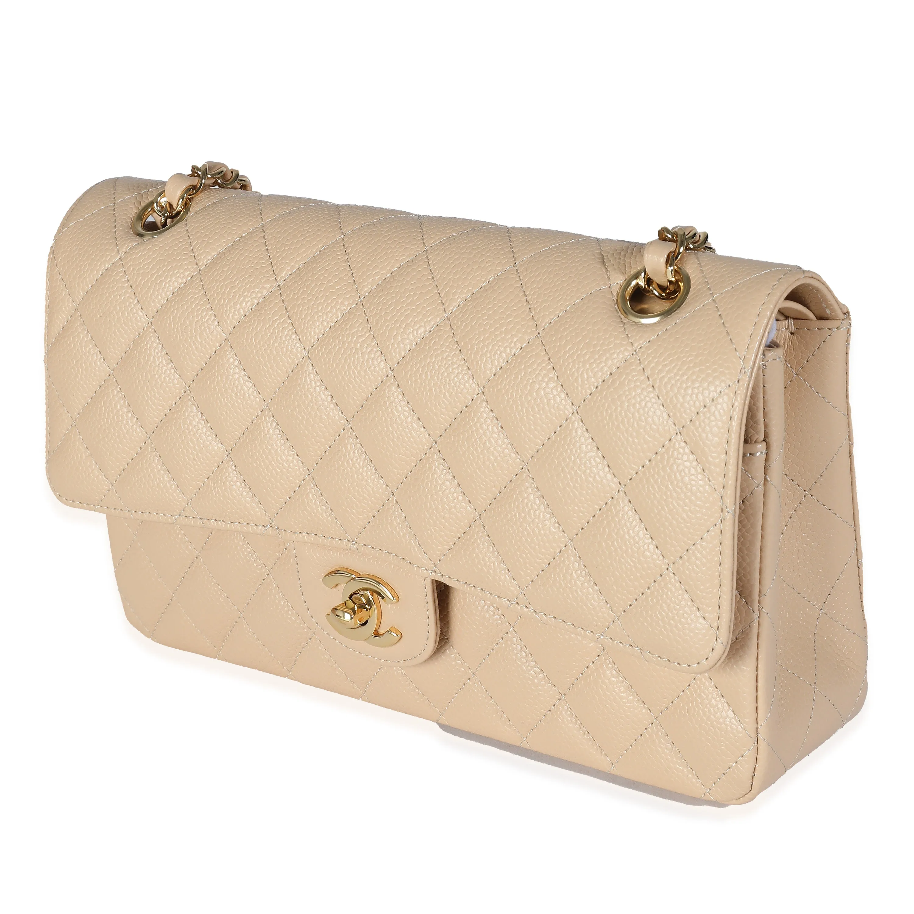 CHANEL Beige Quilted Caviar Medium Classic Double Flap Bag