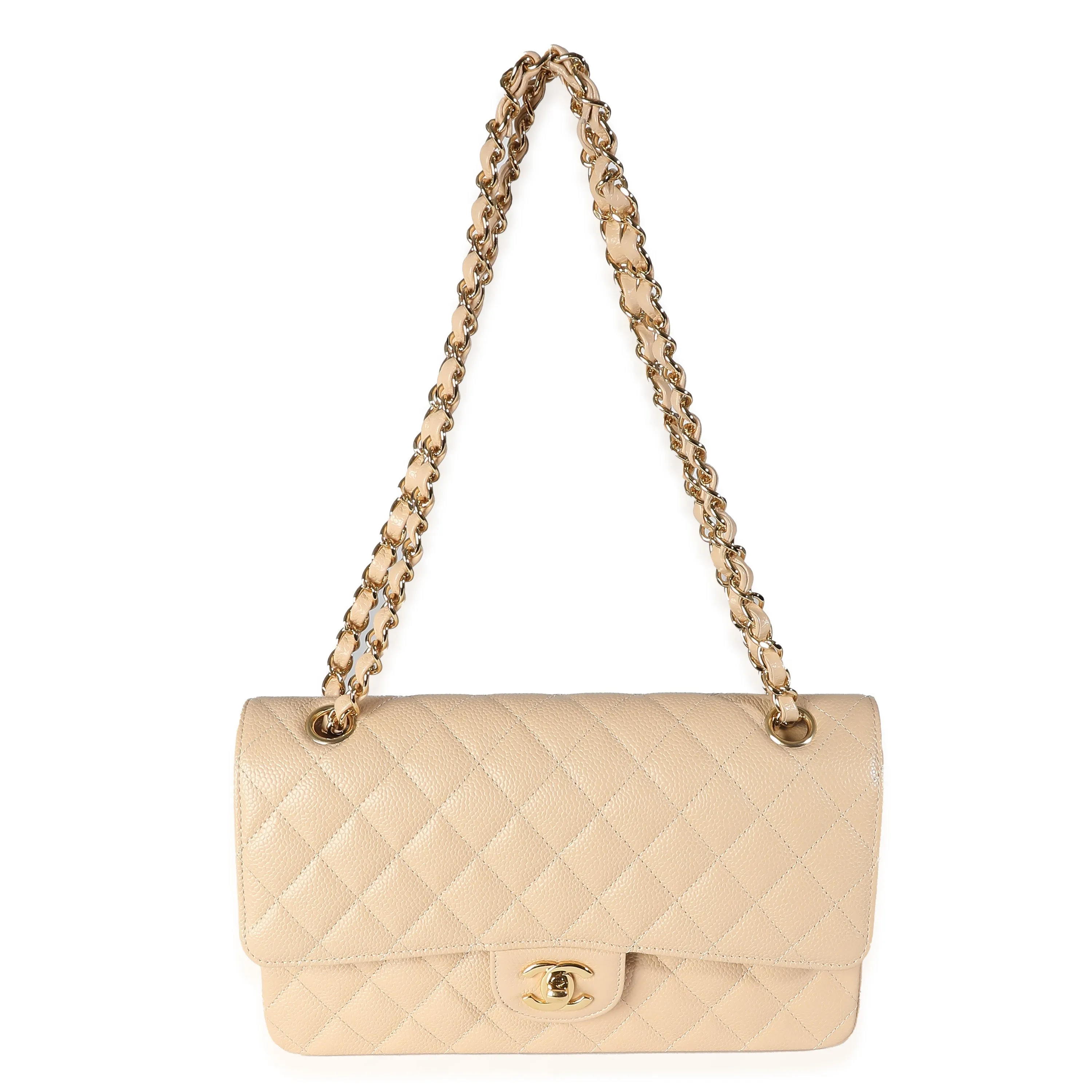 CHANEL Beige Quilted Caviar Medium Classic Double Flap Bag