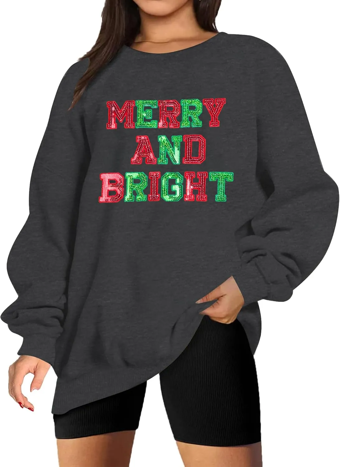 Christmas Sweatshirt Women Oversized Merry and Bright Sequin Shirt Xmas Gift Sweaters Christmas Vacation Long Sleeve Tops