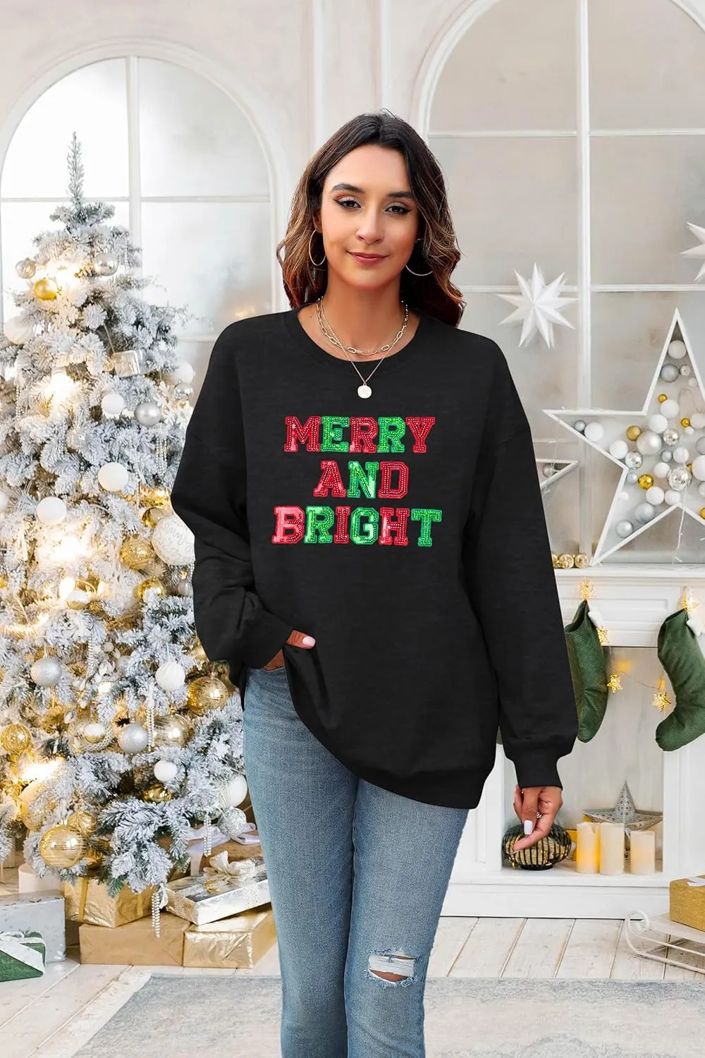 Christmas Sweatshirt Women Oversized Merry and Bright Sequin Shirt Xmas Gift Sweaters Christmas Vacation Long Sleeve Tops