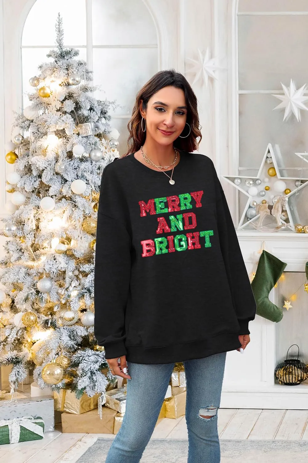 Christmas Sweatshirt Women Oversized Merry and Bright Sequin Shirt Xmas Gift Sweaters Christmas Vacation Long Sleeve Tops