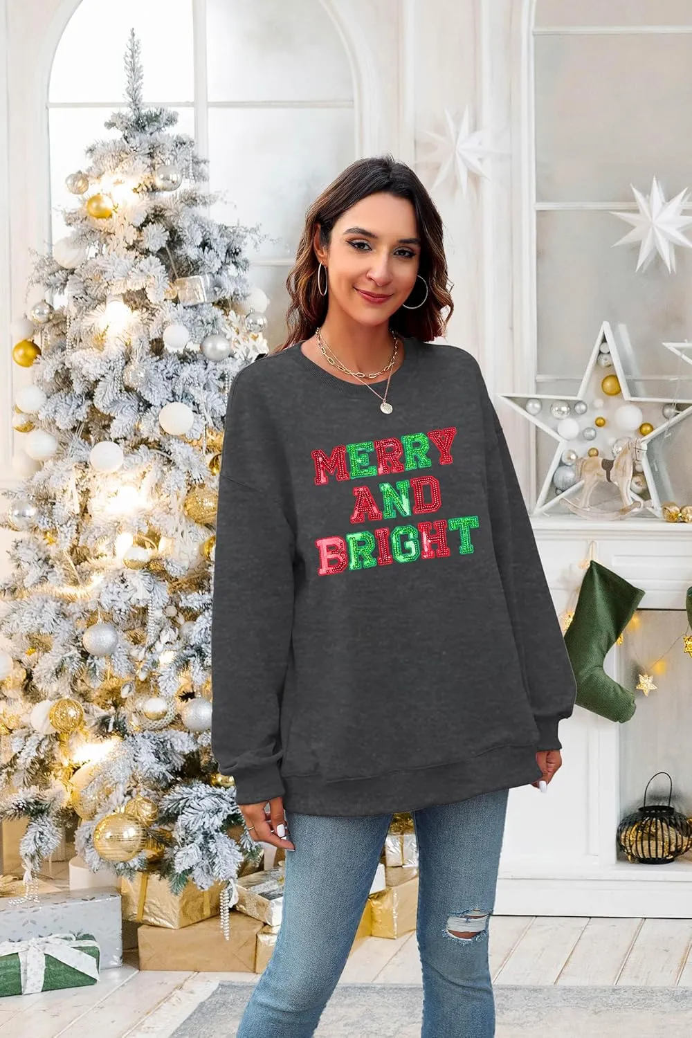 Christmas Sweatshirt Women Oversized Merry and Bright Sequin Shirt Xmas Gift Sweaters Christmas Vacation Long Sleeve Tops