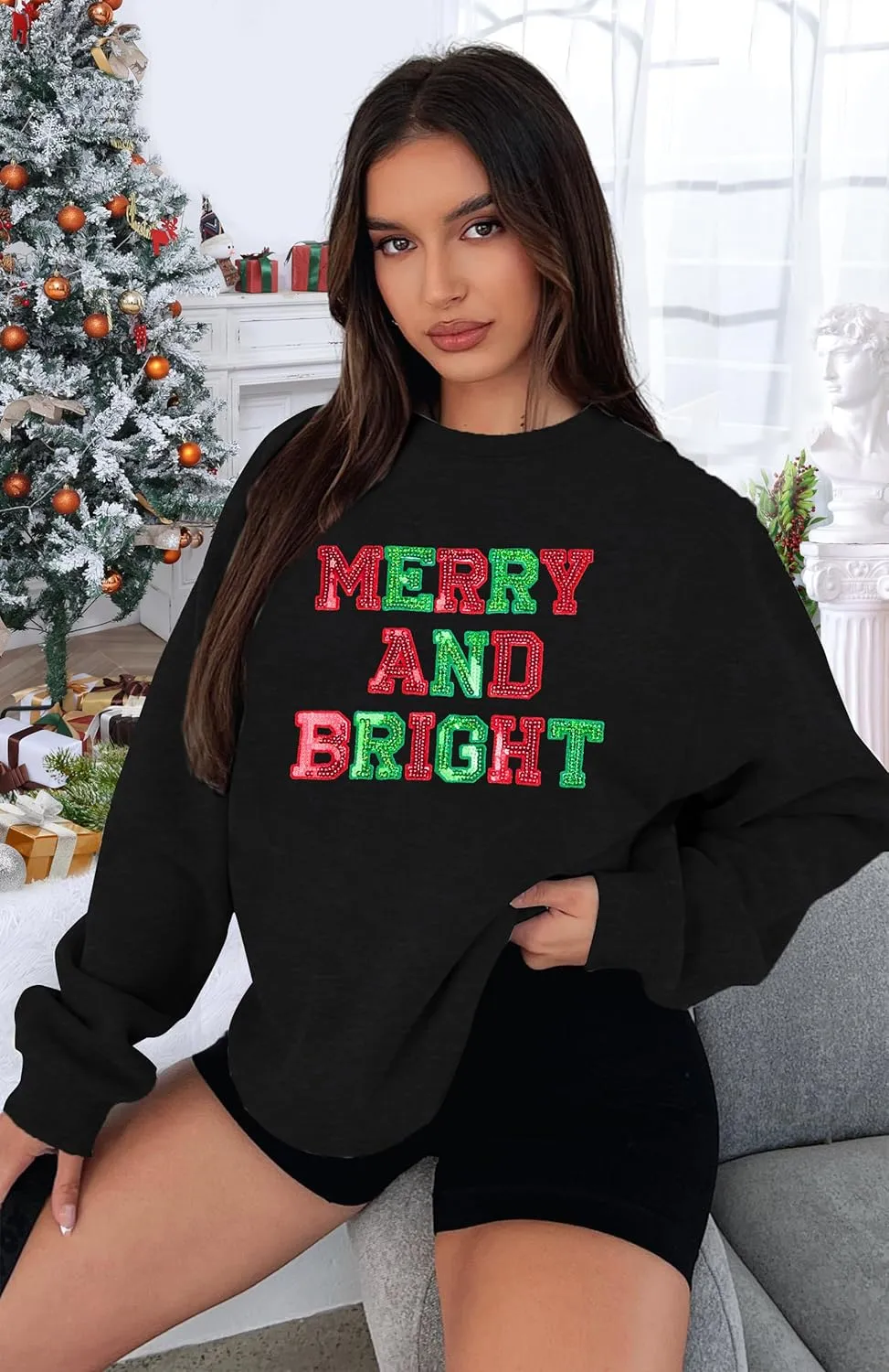 Christmas Sweatshirt Women Oversized Merry and Bright Sequin Shirt Xmas Gift Sweaters Christmas Vacation Long Sleeve Tops