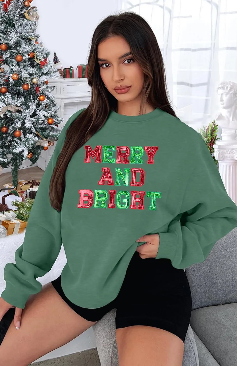 Christmas Sweatshirt Women Oversized Merry and Bright Sequin Shirt Xmas Gift Sweaters Christmas Vacation Long Sleeve Tops