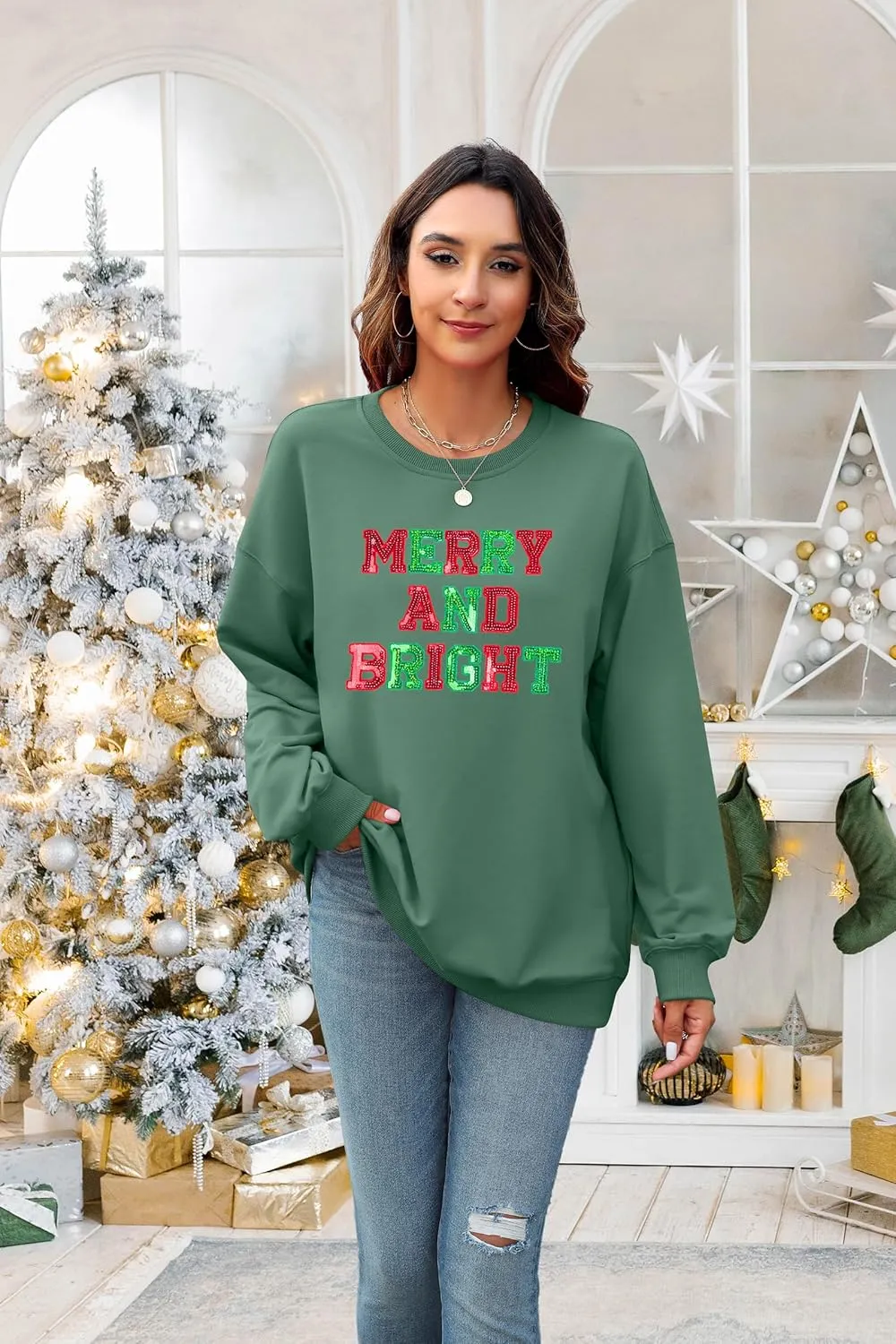 Christmas Sweatshirt Women Oversized Merry and Bright Sequin Shirt Xmas Gift Sweaters Christmas Vacation Long Sleeve Tops