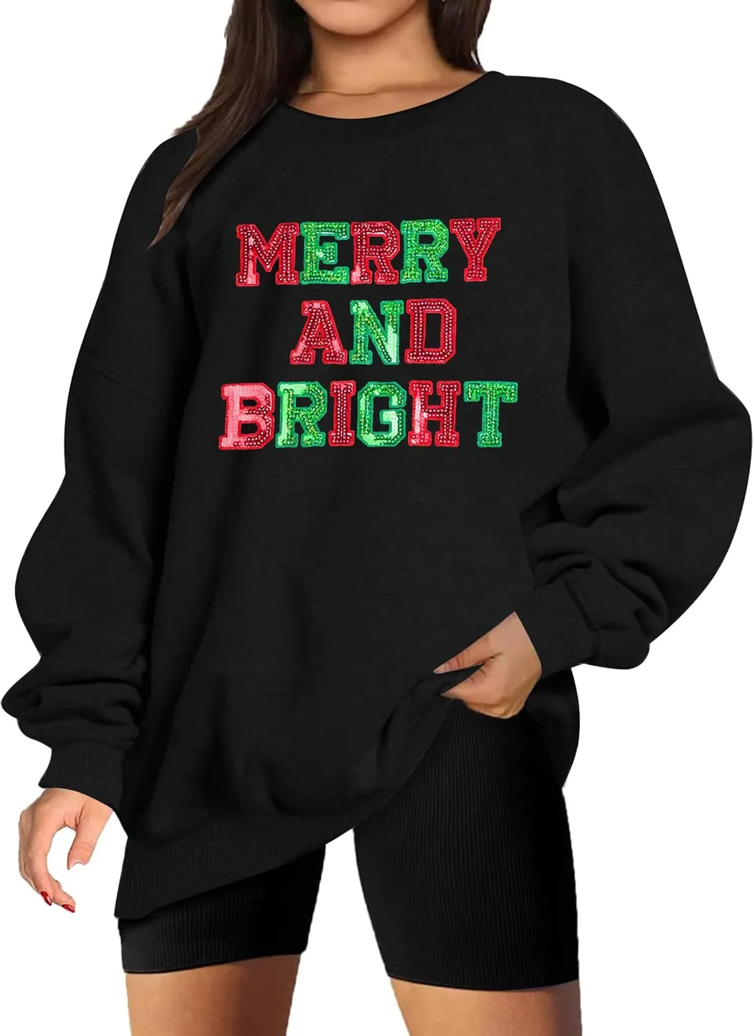 Christmas Sweatshirt Women Oversized Merry and Bright Sequin Shirt Xmas Gift Sweaters Christmas Vacation Long Sleeve Tops