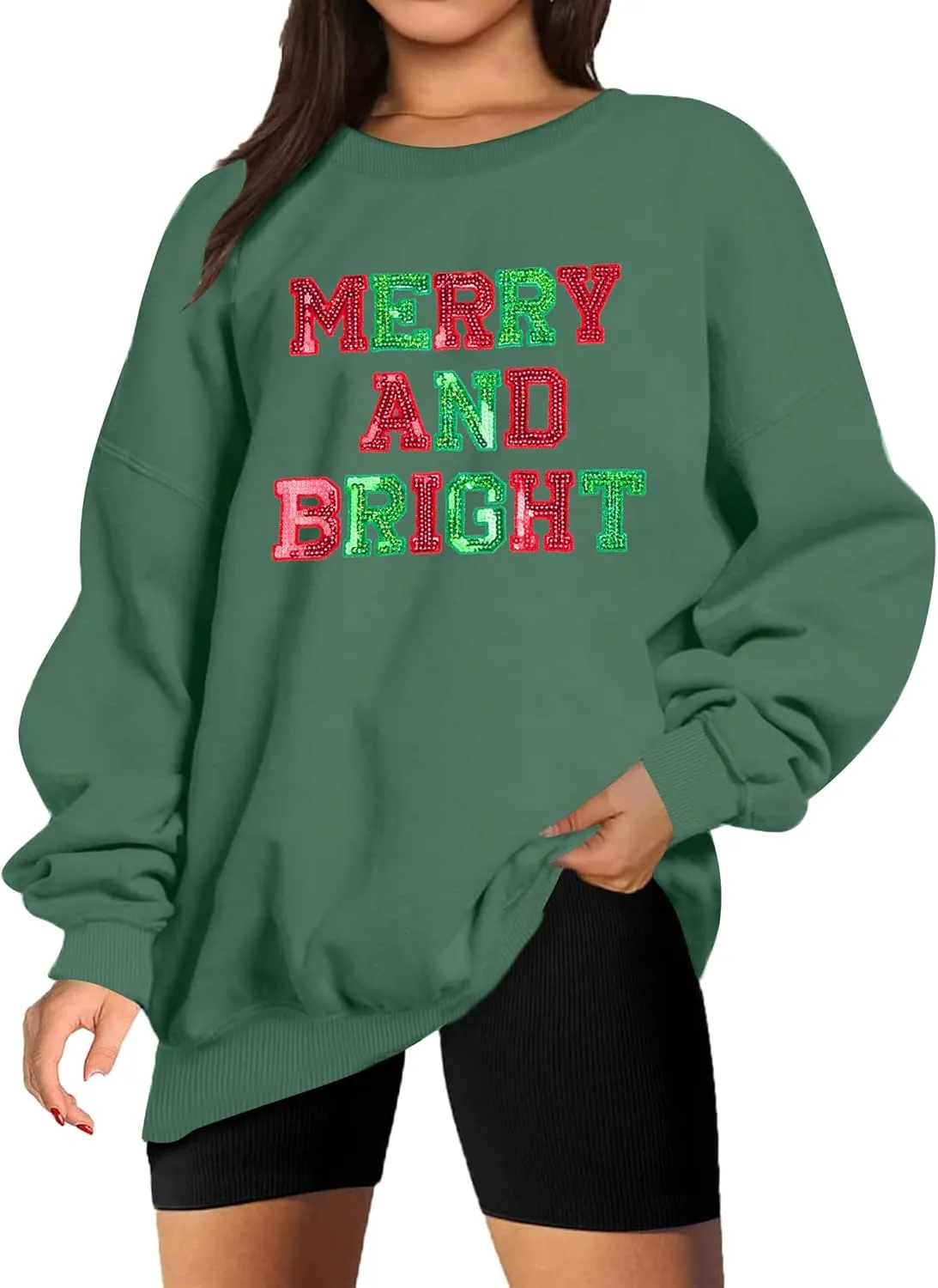 Christmas Sweatshirt Women Oversized Merry and Bright Sequin Shirt Xmas Gift Sweaters Christmas Vacation Long Sleeve Tops