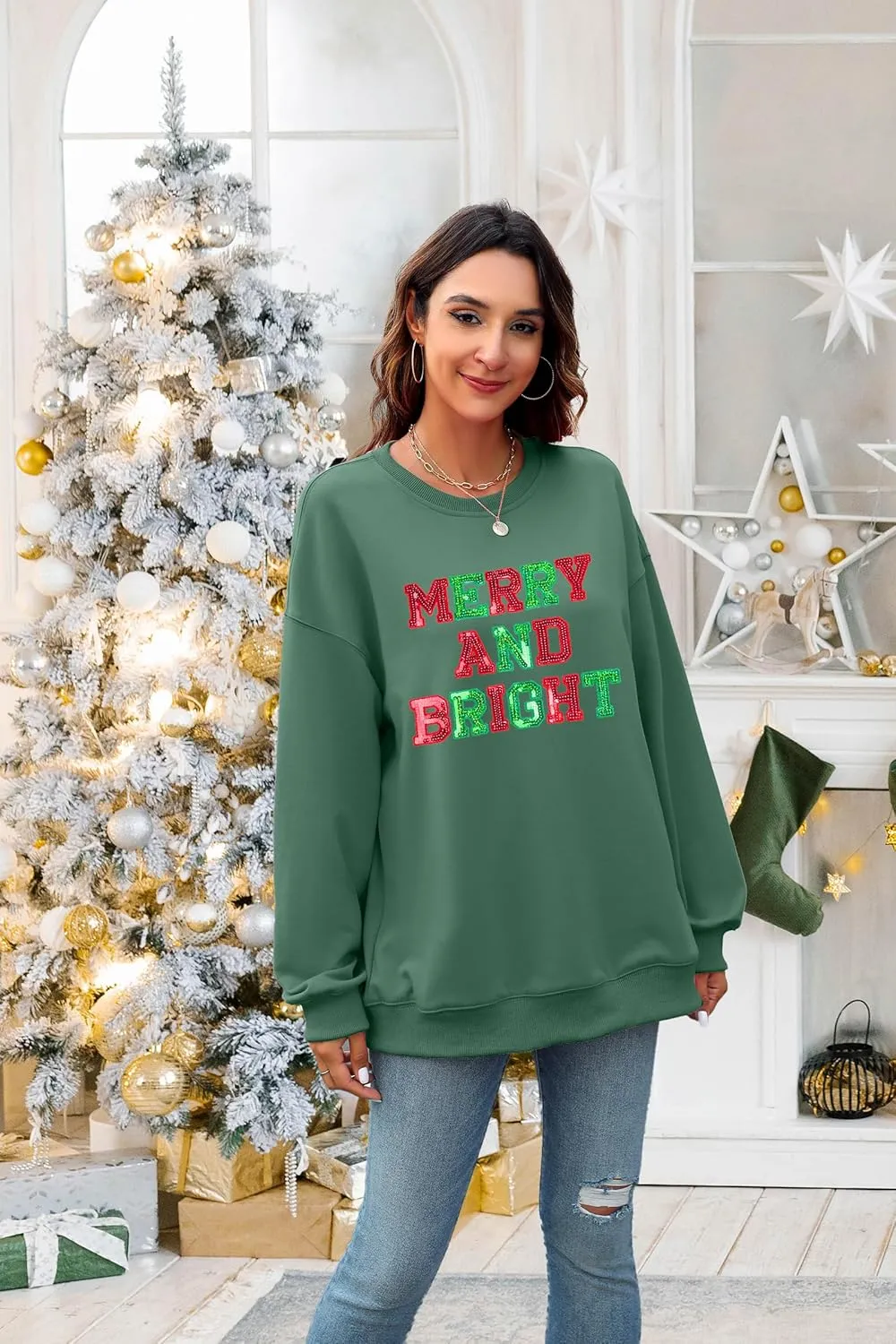 Christmas Sweatshirt Women Oversized Merry and Bright Sequin Shirt Xmas Gift Sweaters Christmas Vacation Long Sleeve Tops