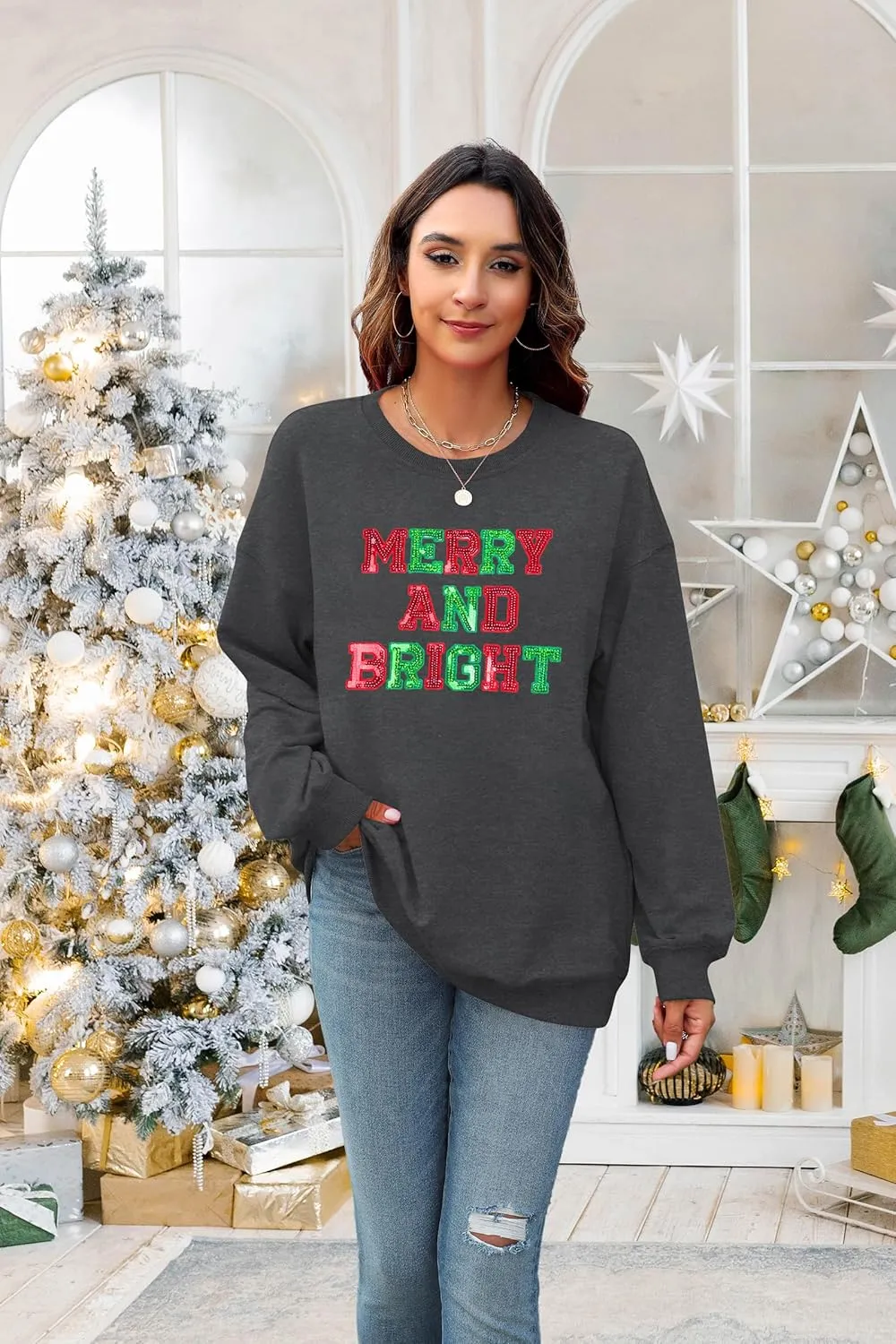 Christmas Sweatshirt Women Oversized Merry and Bright Sequin Shirt Xmas Gift Sweaters Christmas Vacation Long Sleeve Tops
