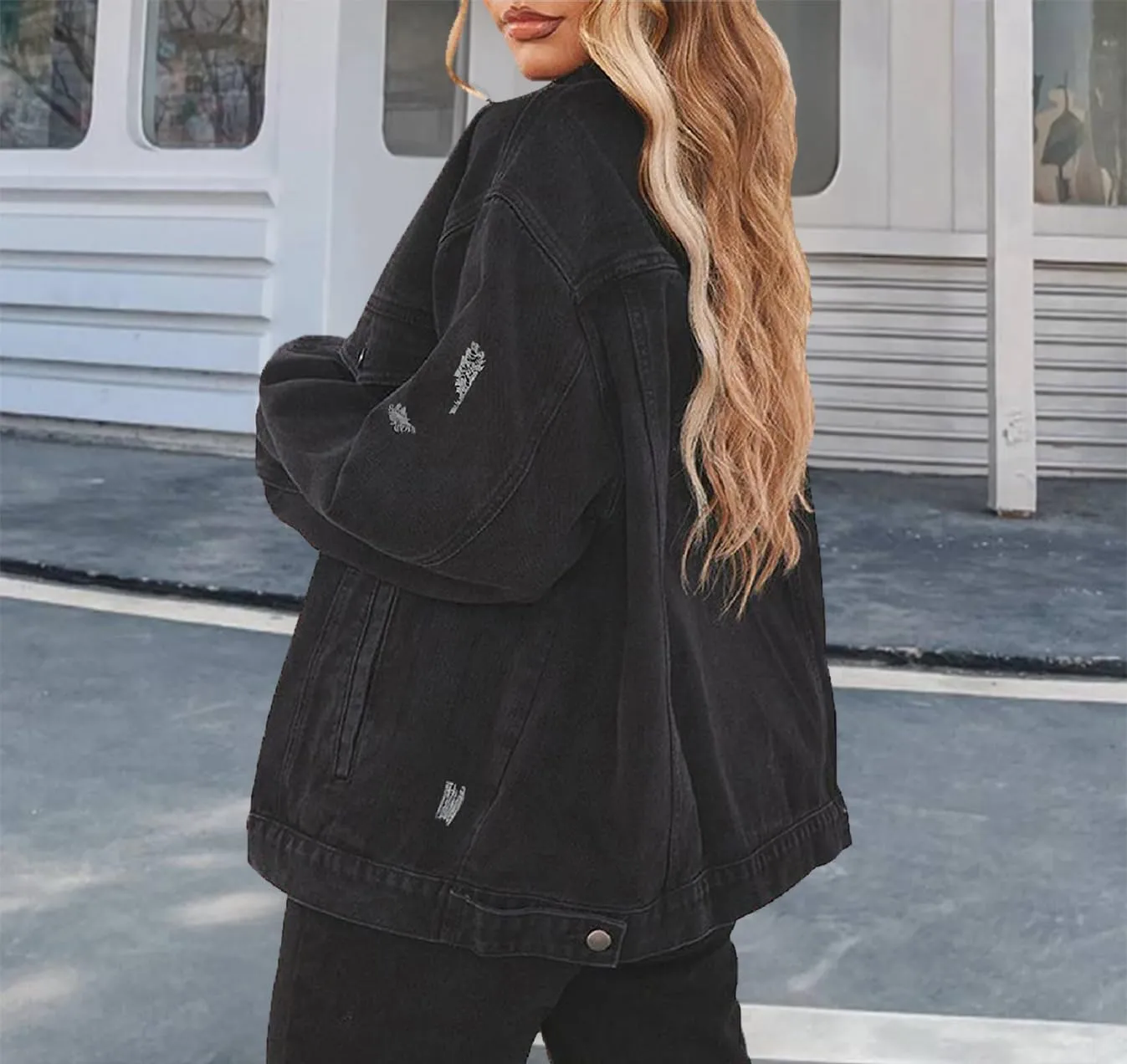 DvaeMalligo Women's Oversized Denim Jacket Casual Long Sleeve Button Down Distressed Trucker Jean Jackets with Pockets