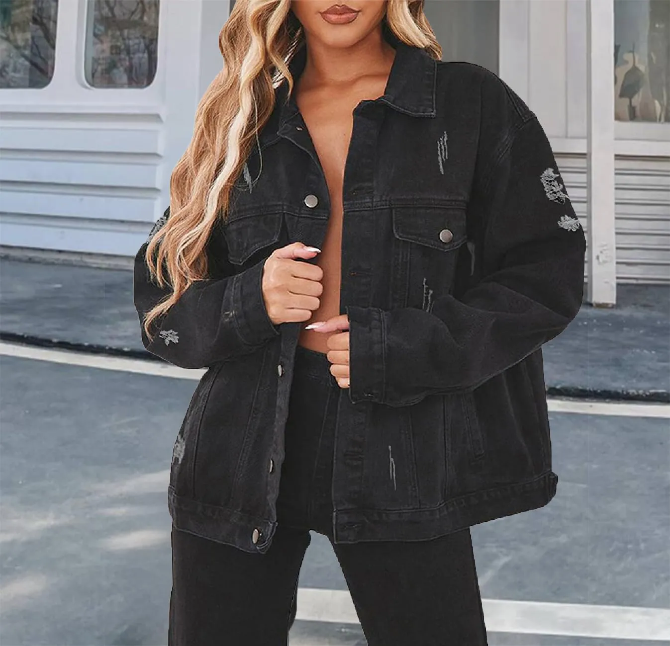 DvaeMalligo Women's Oversized Denim Jacket Casual Long Sleeve Button Down Distressed Trucker Jean Jackets with Pockets