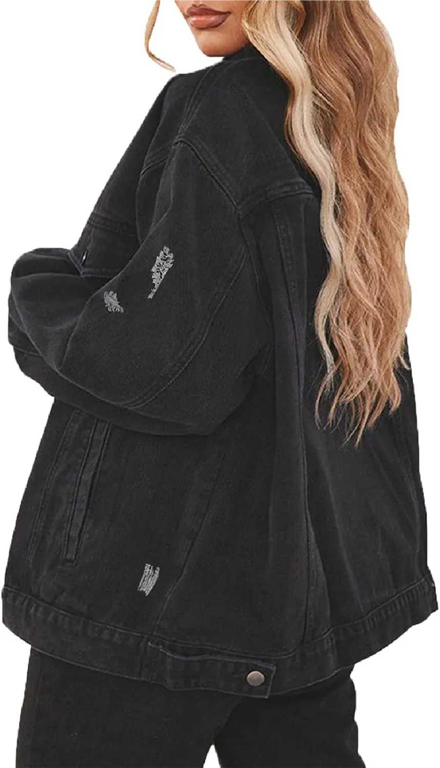DvaeMalligo Women's Oversized Denim Jacket Casual Long Sleeve Button Down Distressed Trucker Jean Jackets with Pockets
