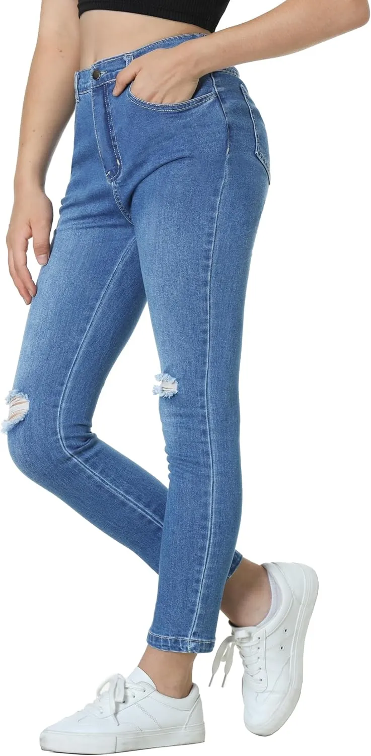 EXARUS Girls Jeans Pants Skinny Denim Pant Ripped High Waist Elastic Band Casual with Pockets Kids