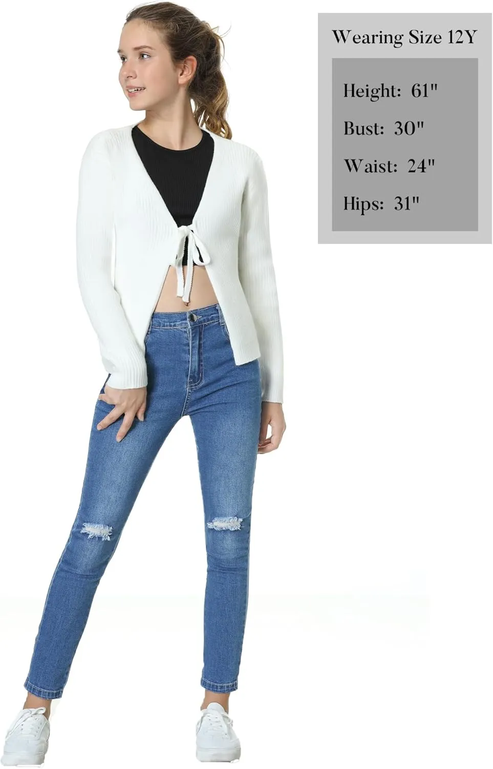 EXARUS Girls Jeans Pants Skinny Denim Pant Ripped High Waist Elastic Band Casual with Pockets Kids