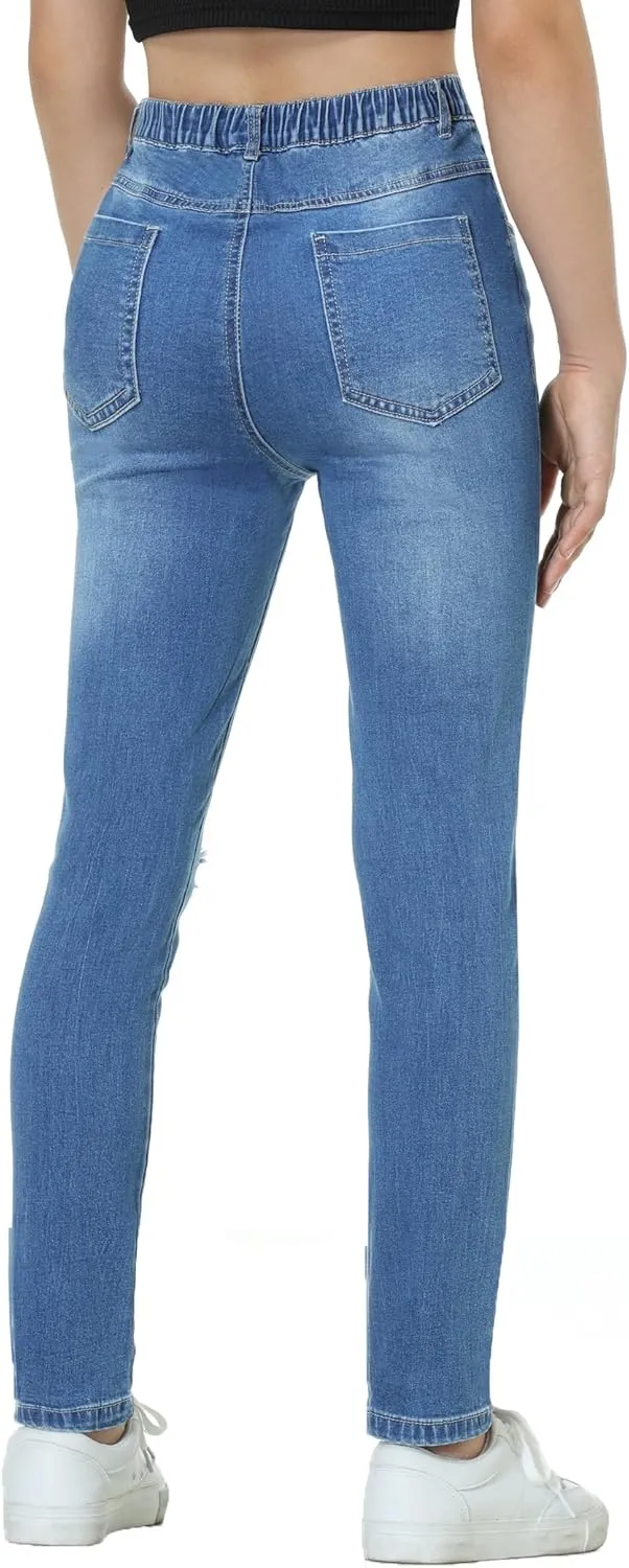 EXARUS Girls Jeans Pants Skinny Denim Pant Ripped High Waist Elastic Band Casual with Pockets Kids