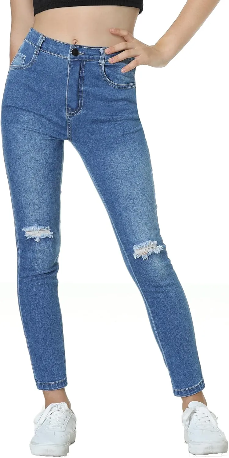 EXARUS Girls Jeans Pants Skinny Denim Pant Ripped High Waist Elastic Band Casual with Pockets Kids