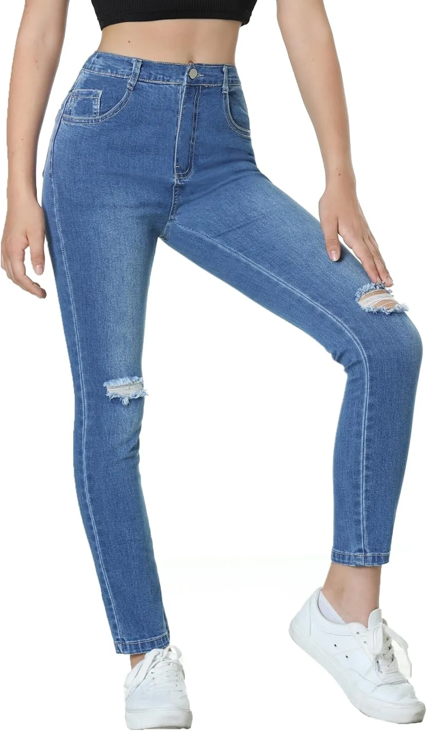 EXARUS Girls Jeans Pants Skinny Denim Pant Ripped High Waist Elastic Band Casual with Pockets Kids