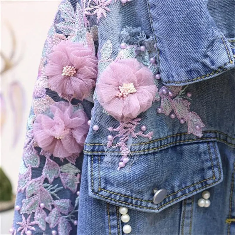 FashionSierra - Flower Pearl Ripped Denim Jacket