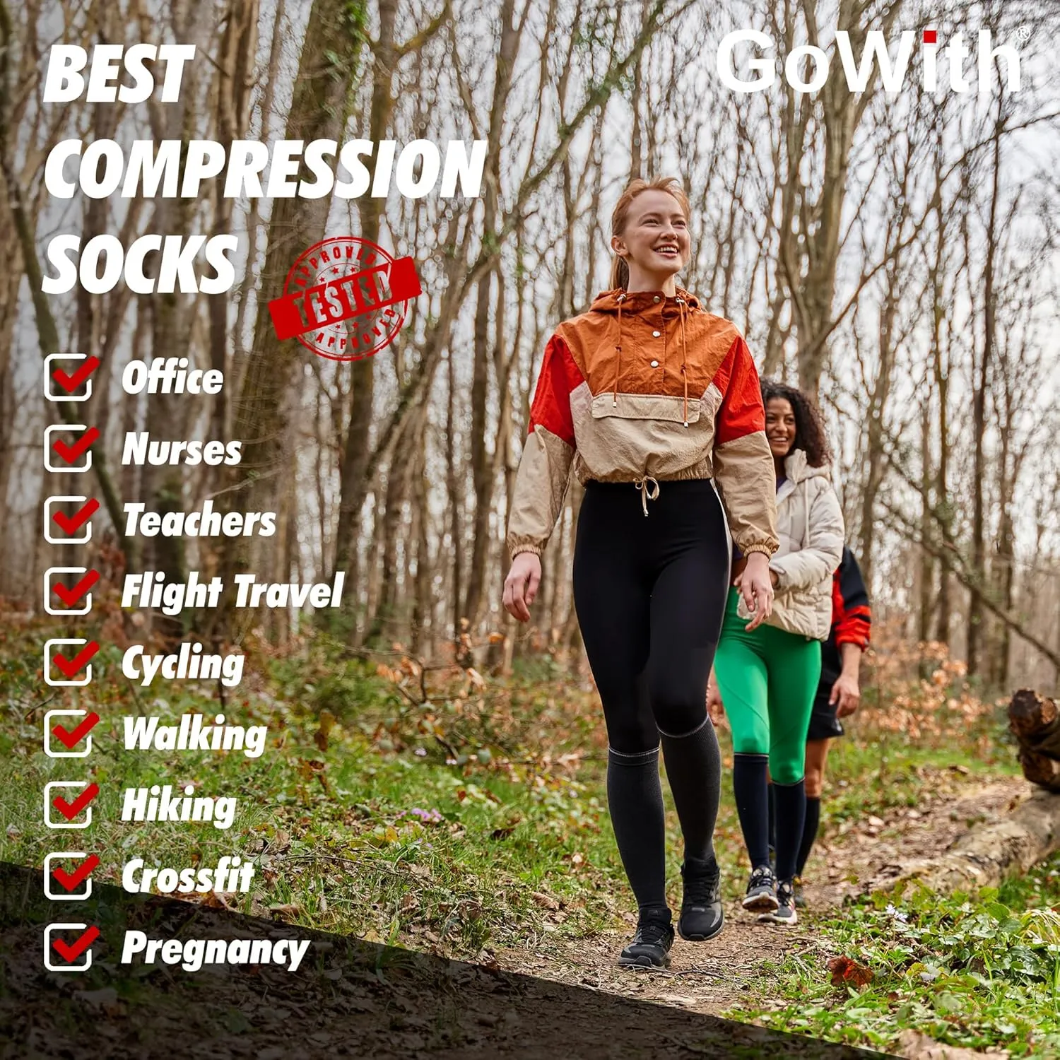 GoWith 15-20 mmHg Merino Wool Compression Socks, Thermal Travel Socks, Cushioned Knee High Hiking Socks for Men/Women
