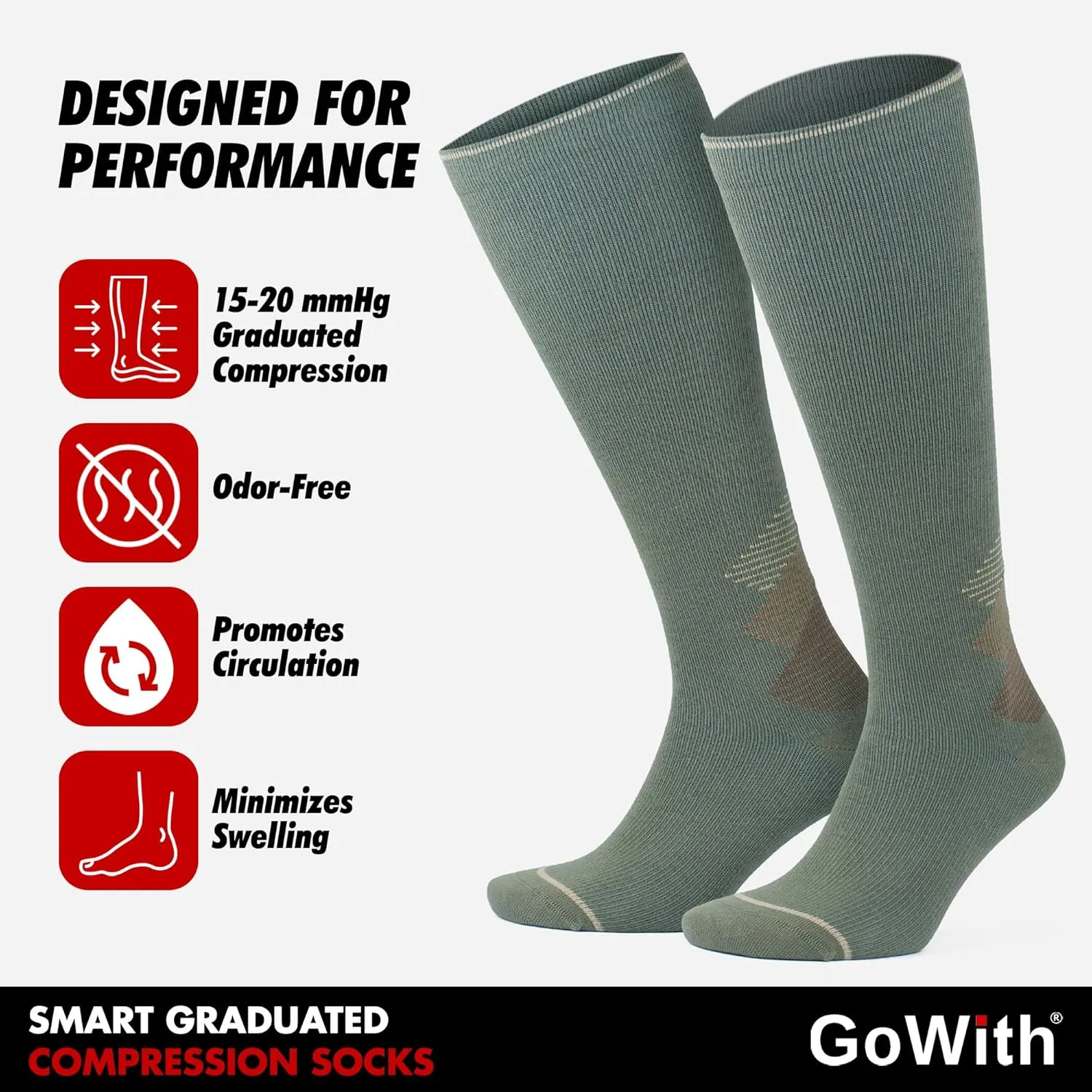 GoWith 15-20 mmHg Merino Wool Compression Socks, Thermal Travel Socks, Cushioned Knee High Hiking Socks for Men/Women