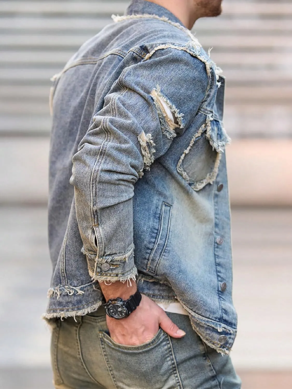 Jean Jacket Men, Men's Denim Jacket Distressed Ripped Slim Fit Stretch Trucker Jackets Classic Casual Denim Coat