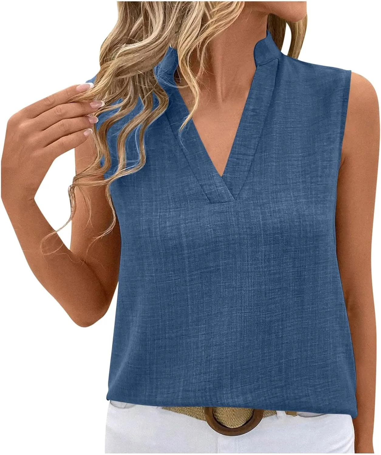 JOAU Womens Cotton Linen Tank Tops Loose V Neck Casual T Shirt Sleeveless Stand Collar Tunic Blouses Summer Basic Tank Shirts