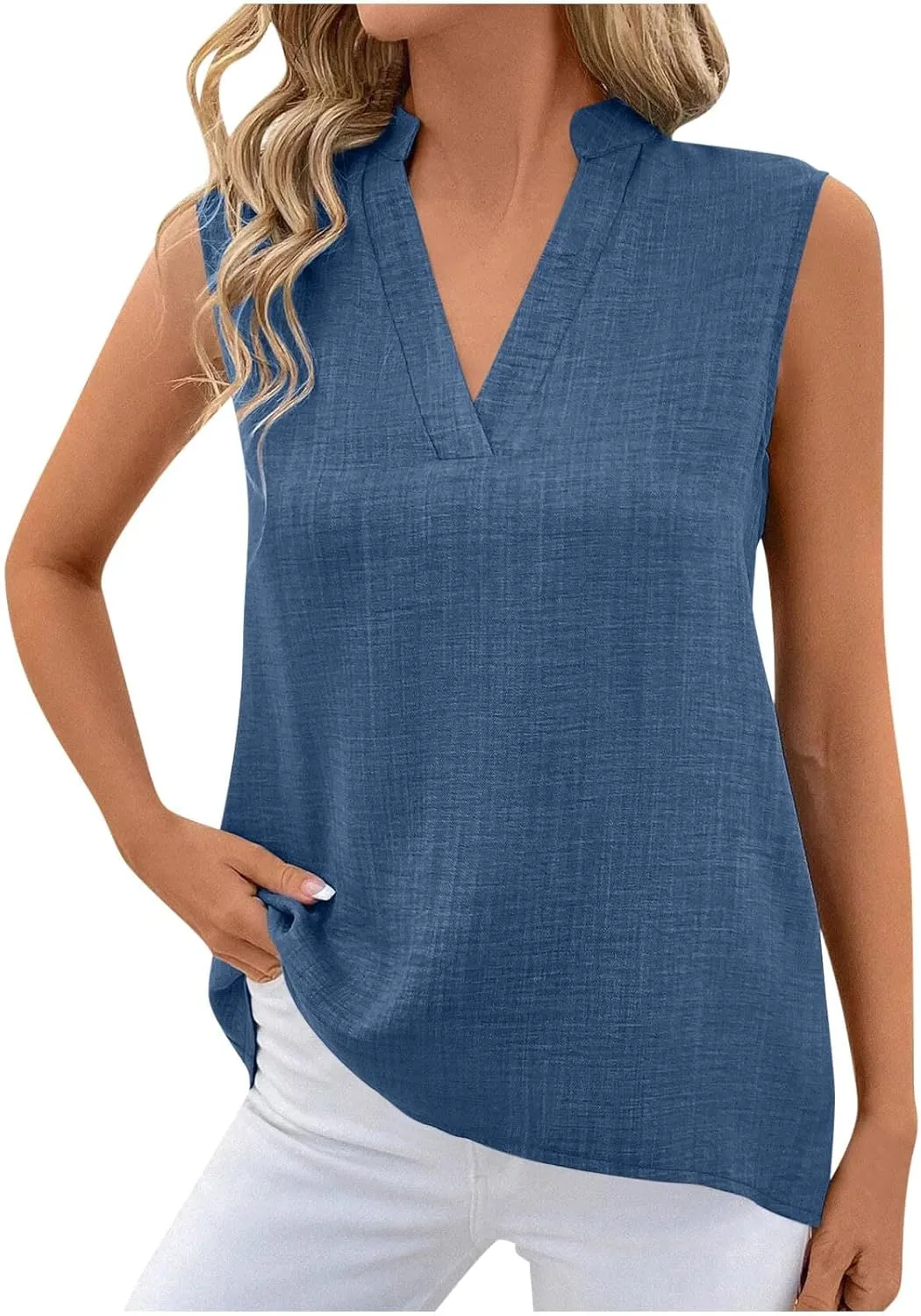 JOAU Womens Cotton Linen Tank Tops Loose V Neck Casual T Shirt Sleeveless Stand Collar Tunic Blouses Summer Basic Tank Shirts