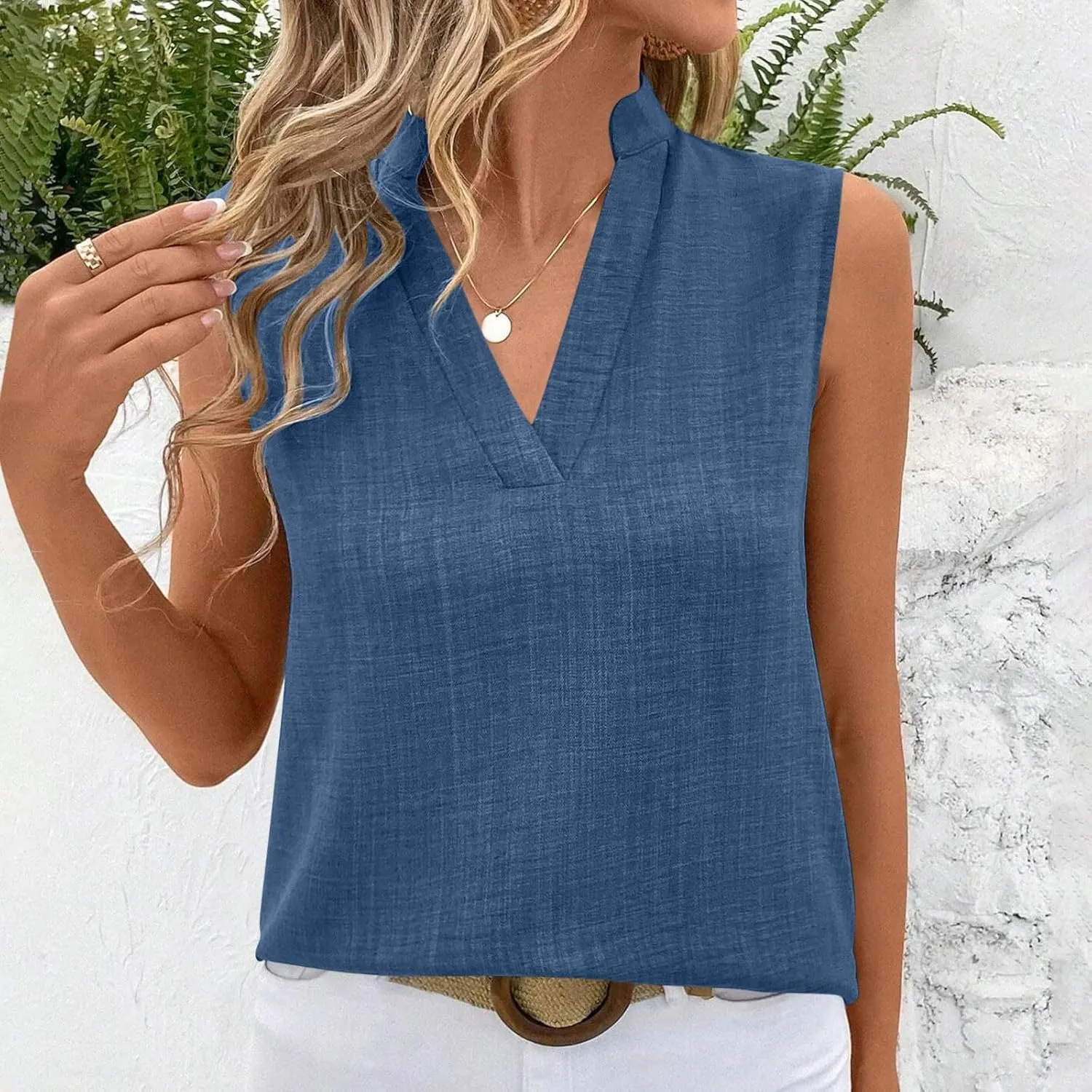 JOAU Womens Cotton Linen Tank Tops Loose V Neck Casual T Shirt Sleeveless Stand Collar Tunic Blouses Summer Basic Tank Shirts