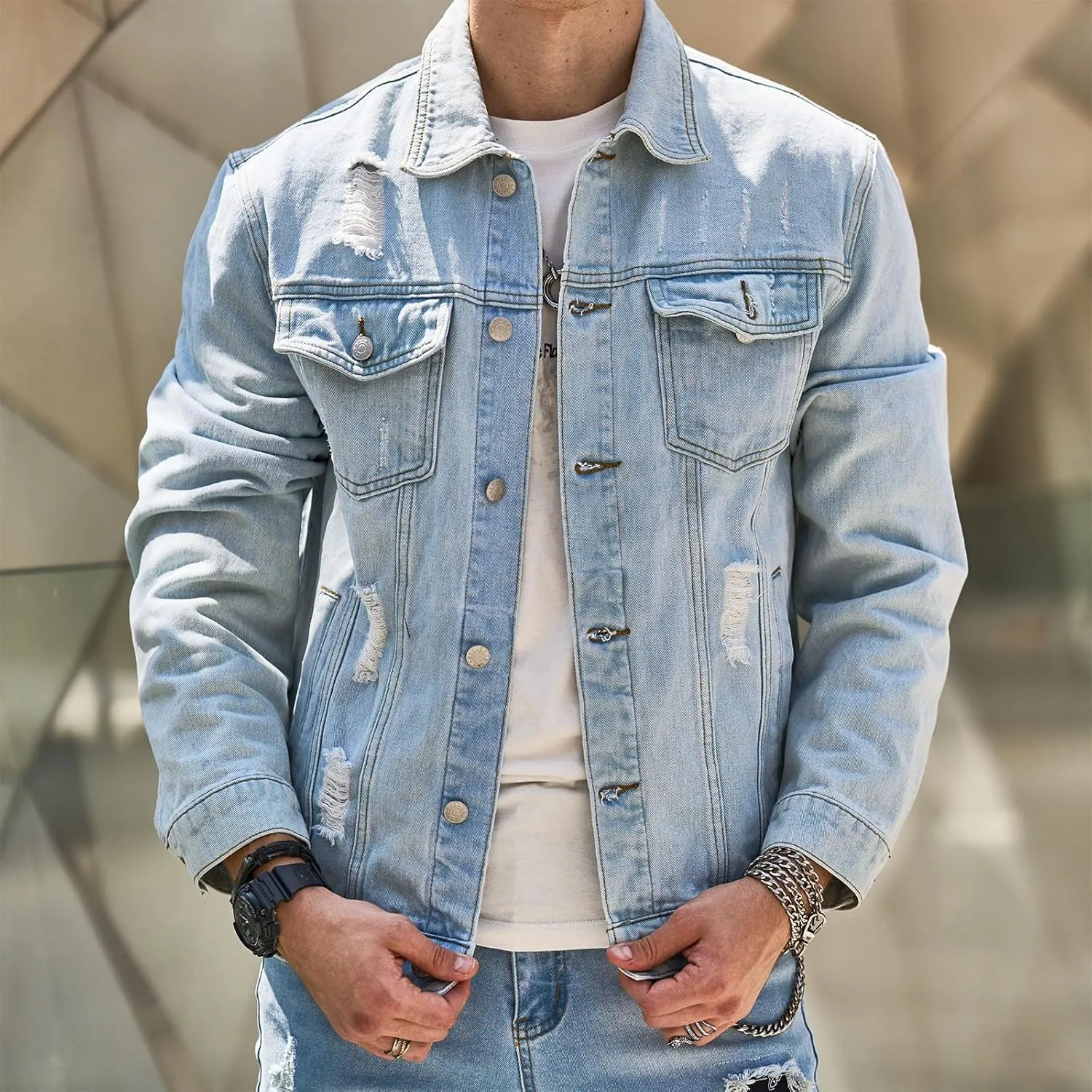 Man Long Sleeve Jackets Outerwear for Mens Turtle Neck Denim Western Ripped Cardigan Fall Winter 2025