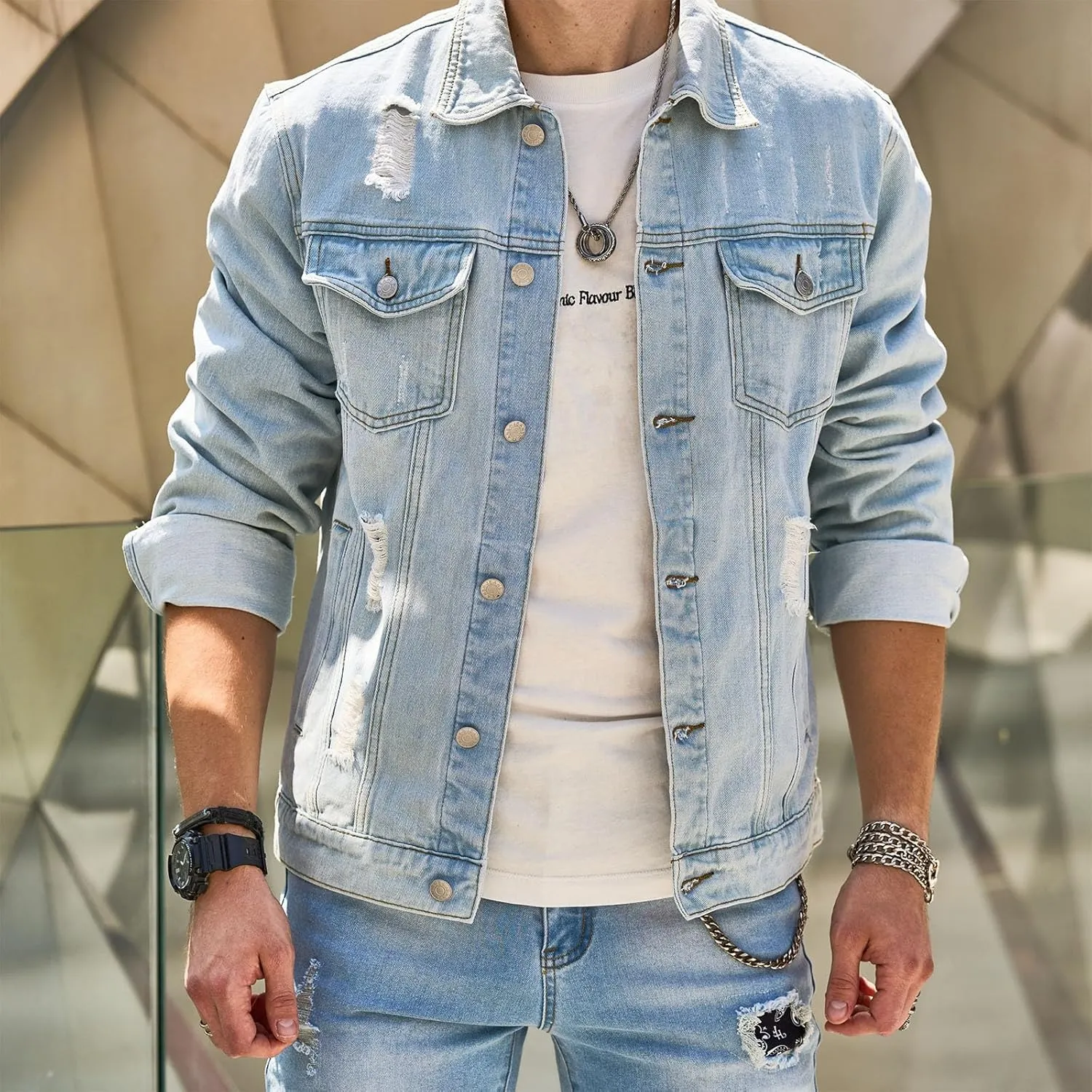 Man Long Sleeve Jackets Outerwear for Mens Turtle Neck Denim Western Ripped Cardigan Fall Winter 2025