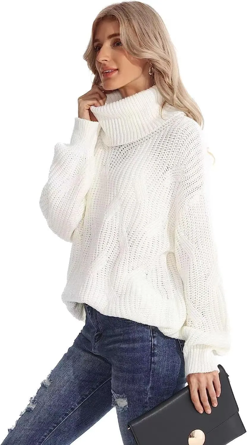 Melliflo Womens Oversized Turtleneck Long Sleeve Cable Knit Sweater Solid Loose Casual Cozy Chunky Pullover Tops