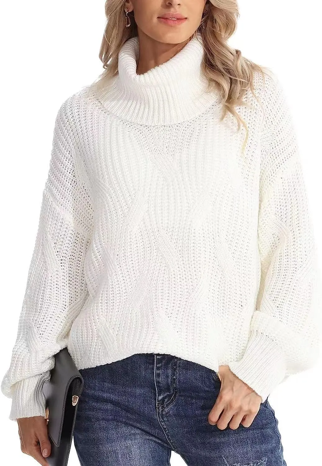 Melliflo Womens Oversized Turtleneck Long Sleeve Cable Knit Sweater Solid Loose Casual Cozy Chunky Pullover Tops