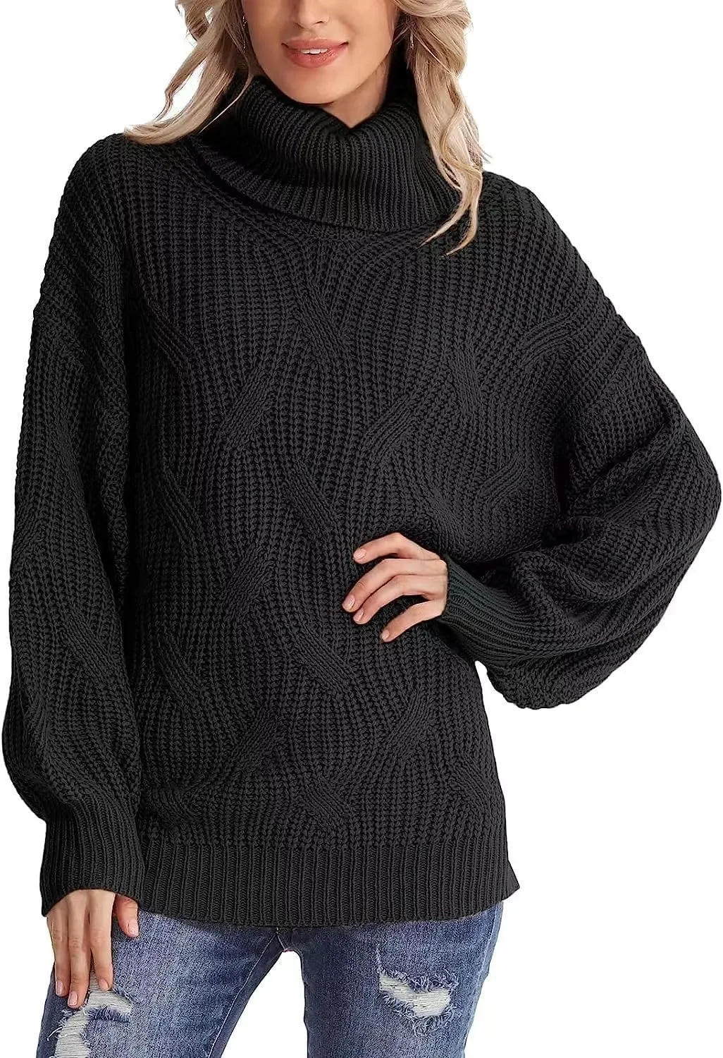 Melliflo Womens Oversized Turtleneck Long Sleeve Cable Knit Sweater Solid Loose Casual Cozy Chunky Pullover Tops