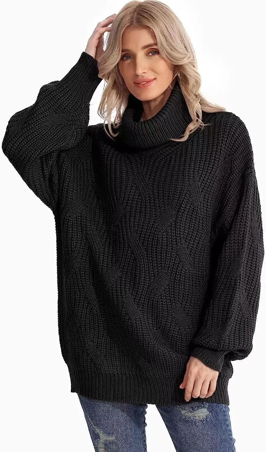 Melliflo Womens Oversized Turtleneck Long Sleeve Cable Knit Sweater Solid Loose Casual Cozy Chunky Pullover Tops