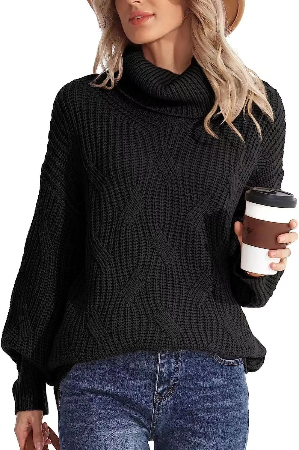 Melliflo Womens Oversized Turtleneck Long Sleeve Cable Knit Sweater Solid Loose Casual Cozy Chunky Pullover Tops