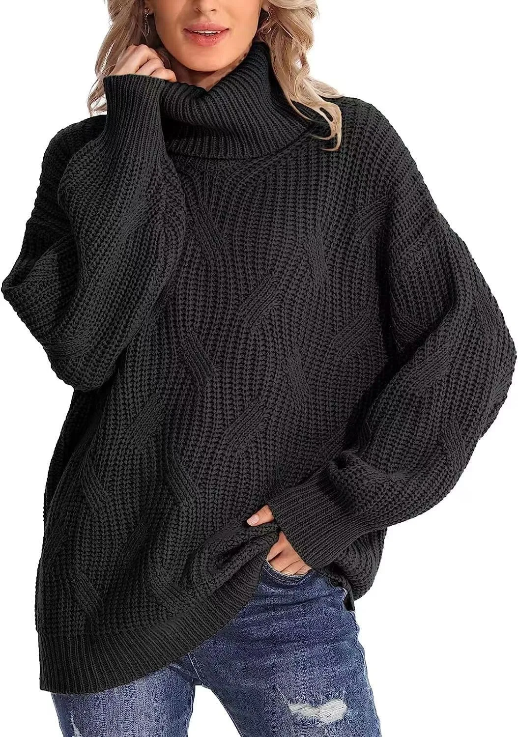 Melliflo Womens Oversized Turtleneck Long Sleeve Cable Knit Sweater Solid Loose Casual Cozy Chunky Pullover Tops
