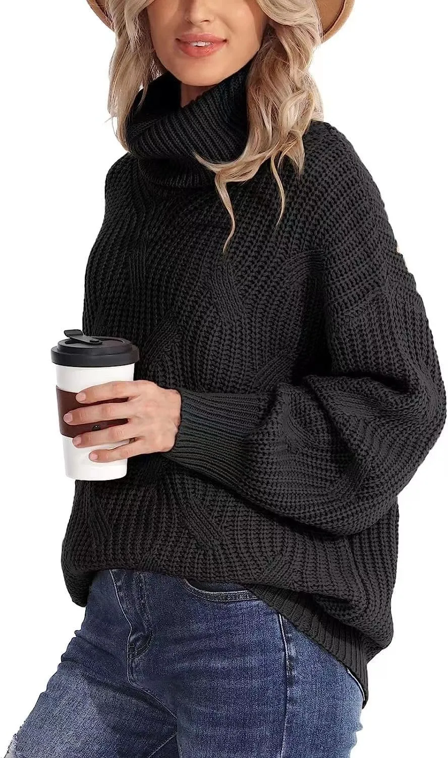 Melliflo Womens Oversized Turtleneck Long Sleeve Cable Knit Sweater Solid Loose Casual Cozy Chunky Pullover Tops