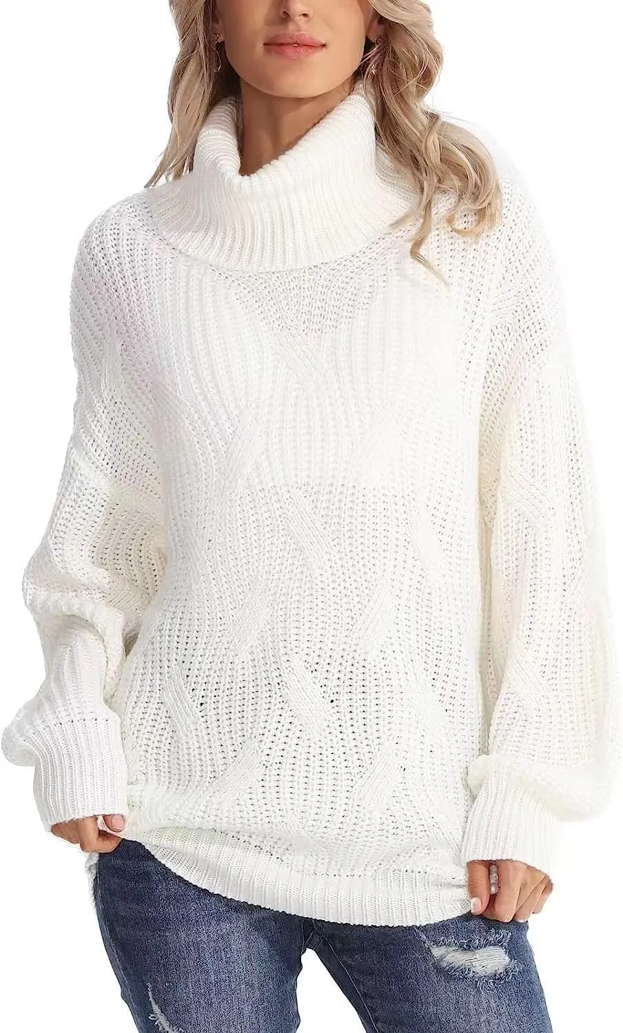 Melliflo Womens Oversized Turtleneck Long Sleeve Cable Knit Sweater Solid Loose Casual Cozy Chunky Pullover Tops