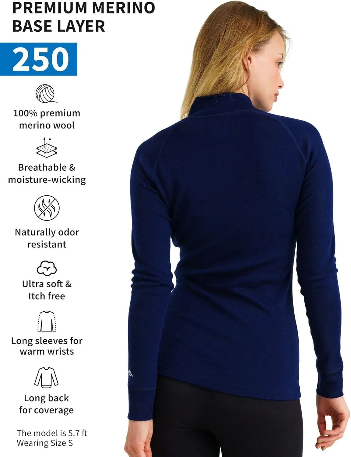 Merino Wool Base Layer Women - 100% Merino Half Zip Sweater Women Lite, Midweight, Heavyweight Thermal Shirts and Socks