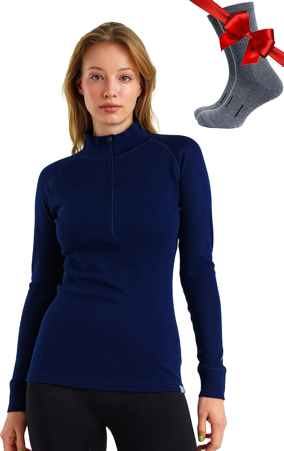 Merino Wool Base Layer Women - 100% Merino Half Zip Sweater Women Lite, Midweight, Heavyweight Thermal Shirts and Socks
