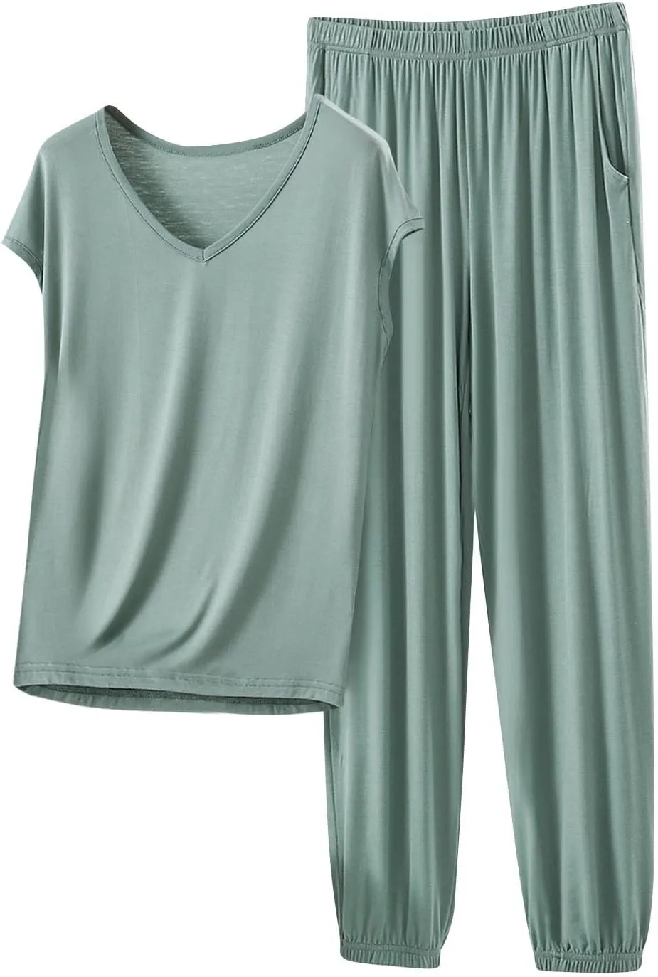 Oplxuo Modal Lounge Sets for Women Short Sleeve V Neck Summer Tops Elastic Waist Pants with Pockets Summer Outfits