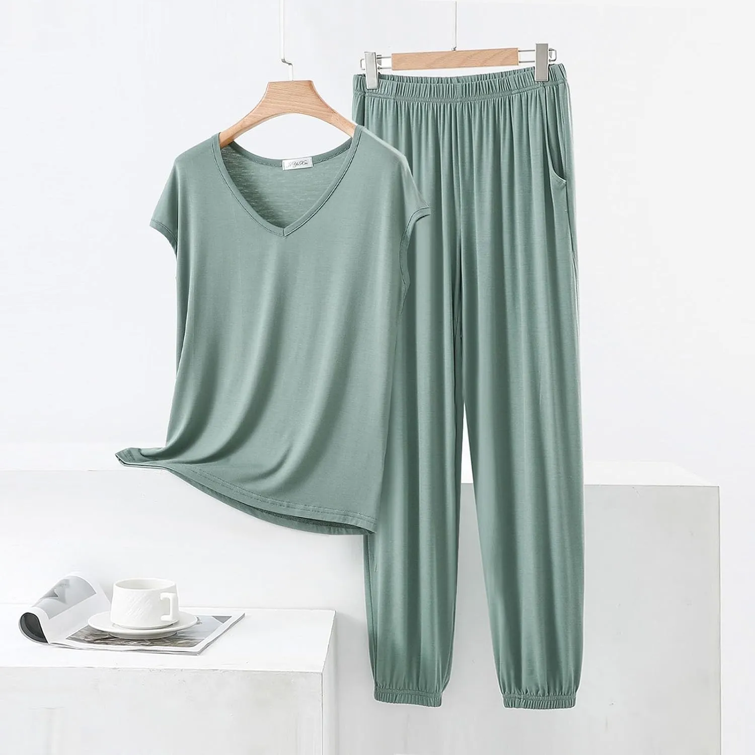 Oplxuo Modal Lounge Sets for Women Short Sleeve V Neck Summer Tops Elastic Waist Pants with Pockets Summer Outfits