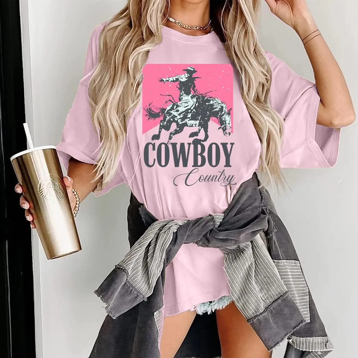 Oversized Cowboy Country Shirt Women: Cowgirl Country Music Shirt Rodeo Graphic Tee Casual Loose Western Top