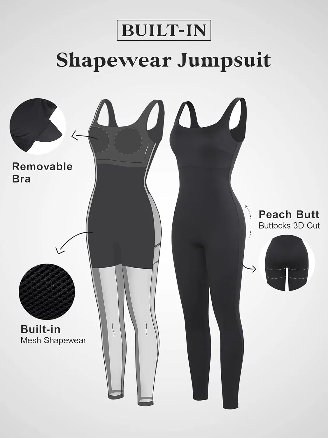Popilush Shapewear Jumpsuits for Women Built-in Bra Tummy Control Bodysuit Square Neck Sport Romper Summer Outfit