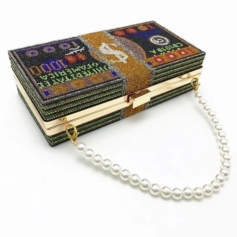Red Purple Green Pu Leather Dollar Rhinestone Square Evening Bags